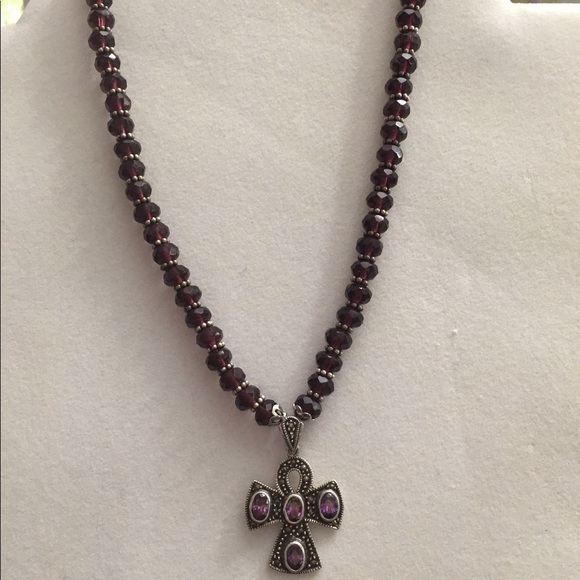 Red Crystals with 925 sterling silver Cross Amethyst Pendant - Picture 1 of 7